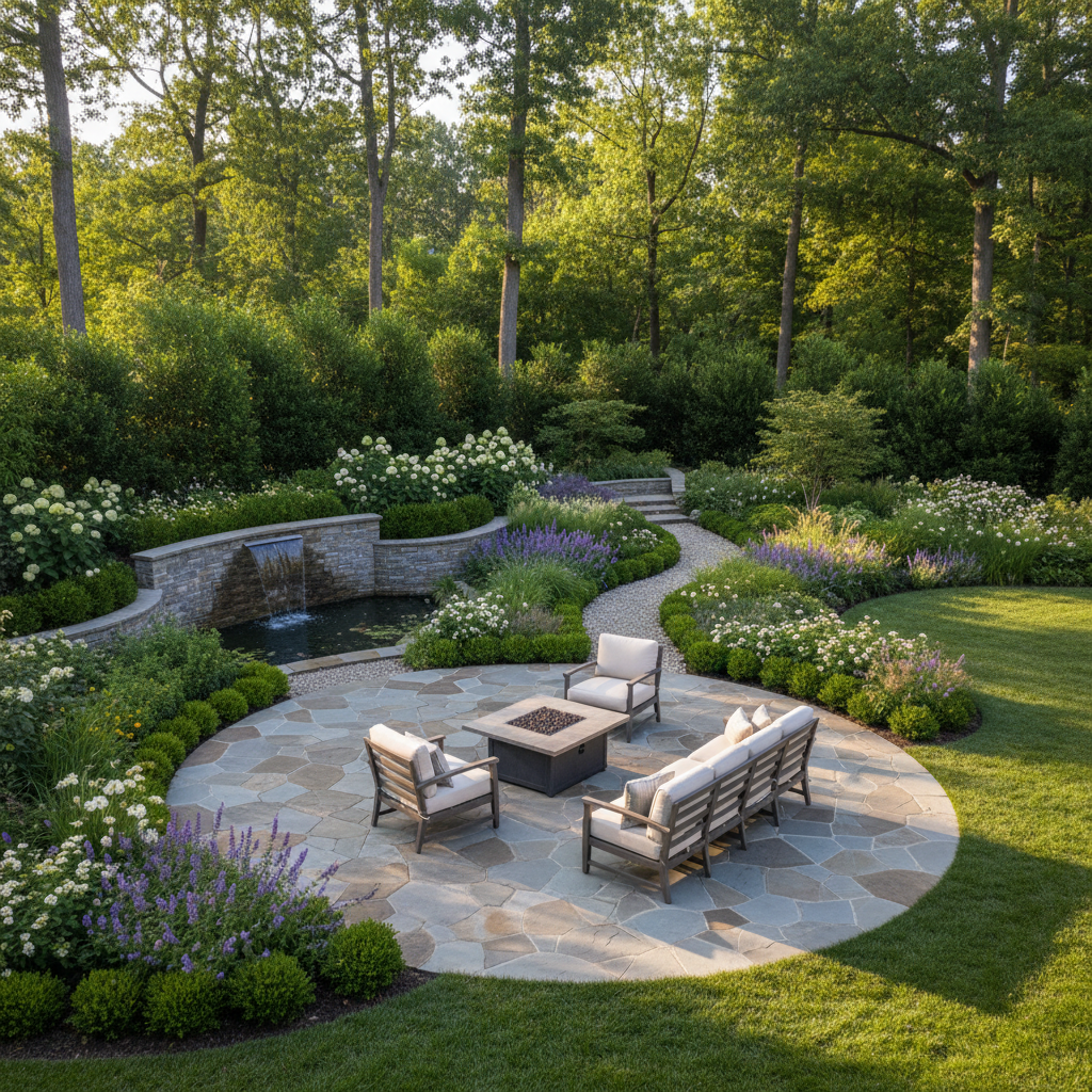 Freshly landscaped garden with layered planting